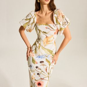 Floral Puff Sleeve Backless Dress