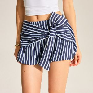 Striped Bubble Shorts With Oversized Bow