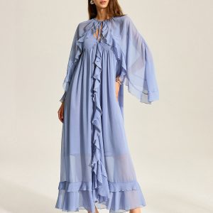 Semi-Sheer Cape Two-Piece Ruffled Chiffon Dress