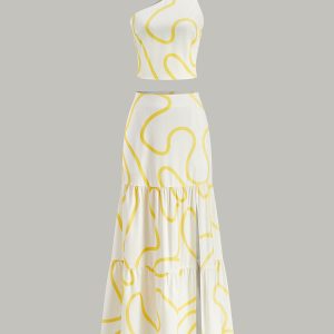 One-Shoulder Abstract Print Crop Top and Tiered Maxi Skirt Set