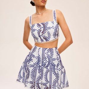 Embroidered Lace Trim Skirt Set