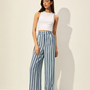 Cotton Blend High-Waist Striped Pants