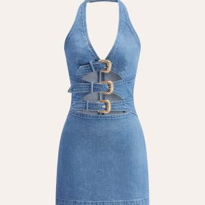 Halter Neck Buckle Detail Denim Dress
