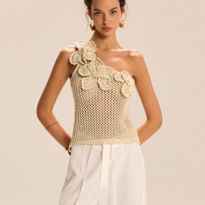 One-Shoulder Floral Crochet Knit Top