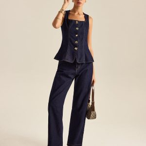 Denim Metal Button Peplum Top and Pants Set