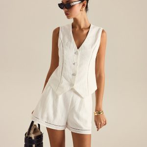 Cotton Button Detail Vest Top With Pockets Shorts Set