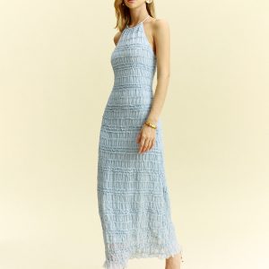 Textured Ruffled Chiffon Halter Neck Maxi Dress