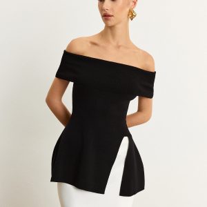 Off-Shoulder Knit Top with Slit