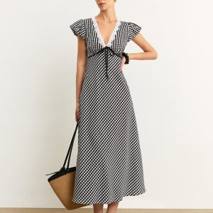 Gingham Lace-Trimmed Midi Dress