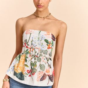 Floral Print Strapless Peplum Top With Belt