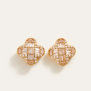 Golden Baguette Crystal Flower Earrings