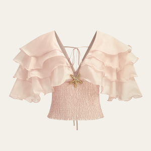 Semi-Sheer Ruffled Metal Decor Waist-Cinching Top
