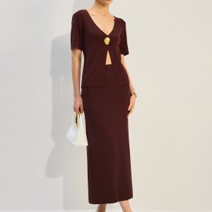Metal Decor V-Neck Knit Co-ords Set
