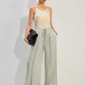 Tencel Rayon Satin Wide-Leg Pants with Pleats