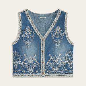 Embroidered Denim Button Vest