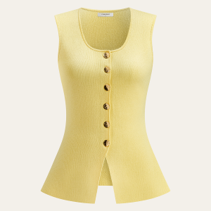 Sleeveless Square-Neck Buttoned Top With Split Hem
