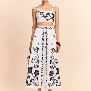 Floral Embroidered Crop Top and Midi Skirt Set