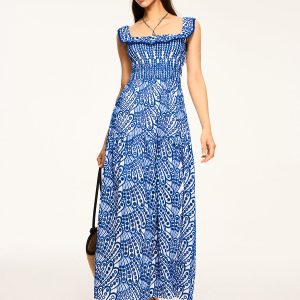 Semi-Sheer Embroidered Maxi Dress with Ruffled Trim