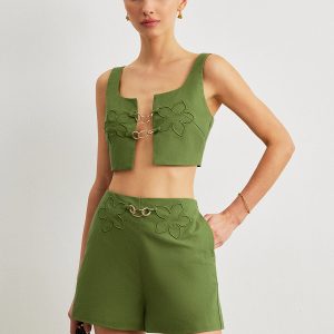 Cotton & Linen Floral Embroidery Metal Detail Shorts Set