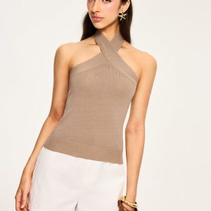 Metal Decor Cross-Strap Halter-Neck Top