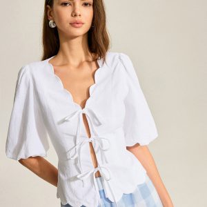 Cotton & Linen Scallop Trim Puff Sleeve Top