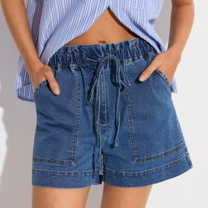 Denim Elastic-Waist Shorts with Drawstring