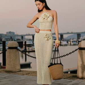 Knit Hollow Ditsy Floral Drawstring Skirt Set