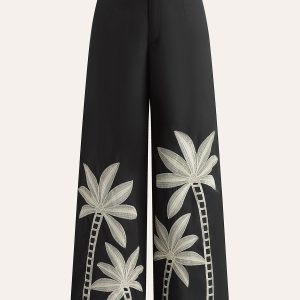 Embroidered High-Waist Wide-Leg Pants