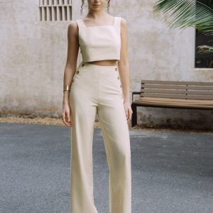 Cotton & Linen Button Decor Tank Top With Straight Leg Pants Set