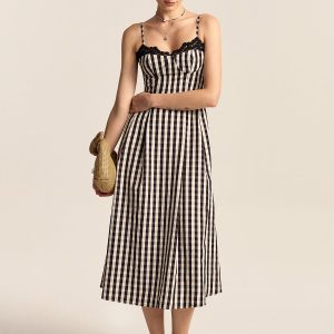 Gingham Spaghetti Strap Midi Dress with Lace Trim