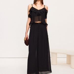 Chiffon Ruffle Top and Wide-Leg Pants Set