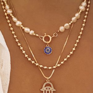 Pearl & Hamsa Hand Multi-Layer Necklace Set