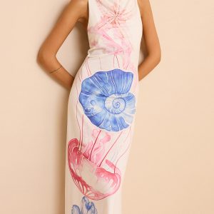 Semi-Sheer Ocean Print Maxi Dress with Slit
