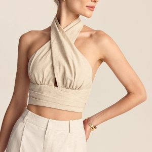 Linen & Cotton Halter Crop Top