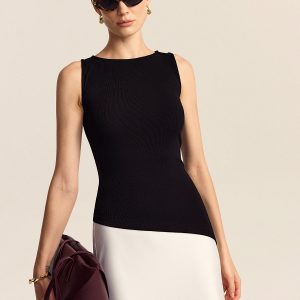 Asymmetric Hem Boat Neck Sleeveless Knit Top