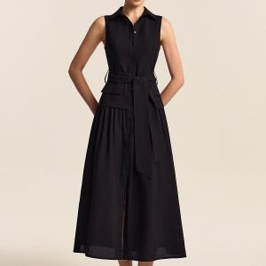 Button-Front Midi Dress with Belt