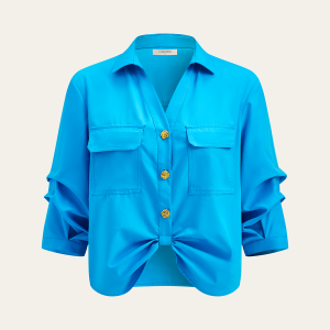 Pocketed Button-Up Blouse with Front Knot