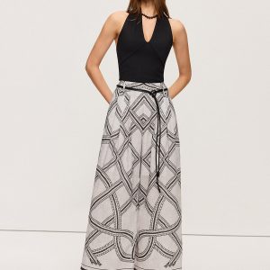 Geometric Print Belted Wide-Leg Pants