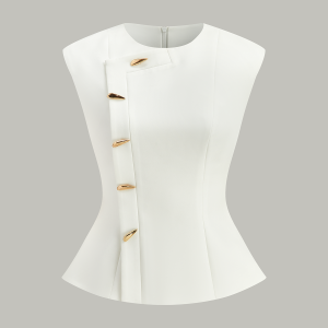 Sleeveless Peplum Top with Metal Buttons