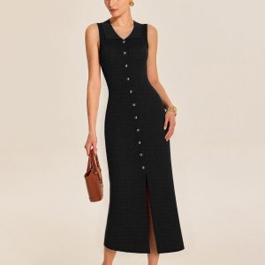 Ribbed Knit Button-Down Midi Dress