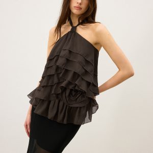 Tiered Ruffle Chiffon Halter Top with 3D Flower