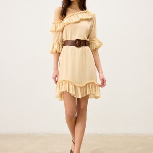 Semi-Sheer Chiffon One-Shoulder Ruffled Mini Dress