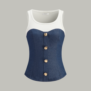 Cotton-Paneled Faux Denim Tank Top