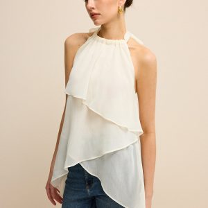 Semi-Sheer Layered Asymmetric Halter Chiffon Top