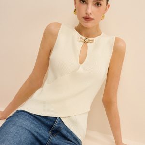 Cut-Out Sleeveless Knit Top with Cross-Over Design