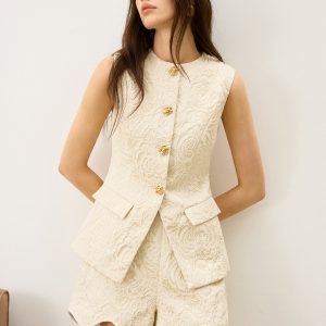 Textured Jacquard Vest with Metal Button