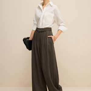 Army Green Belted Pleated Wide-Leg Pants