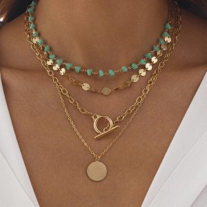 Layered Gold-Chain Necklace With Turquoise Beads And Circular Pendant