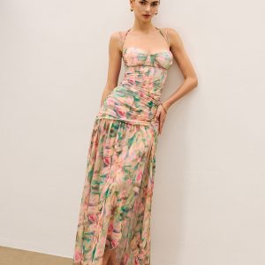 Floral Print Ruched Cami Dress With High Split