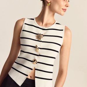 Striped Metal Button Sleeveless Sweater Vest
